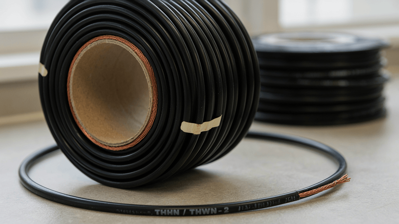 Close-up of black THHNTHWN-2 stranded copper wire with jacket markings visible