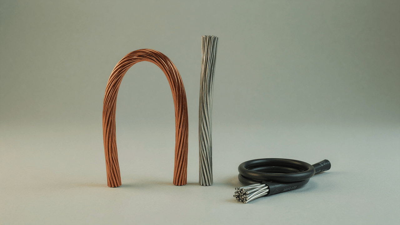 Copper and aluminum wire spools side by side, cut ends showing stranded conductors
